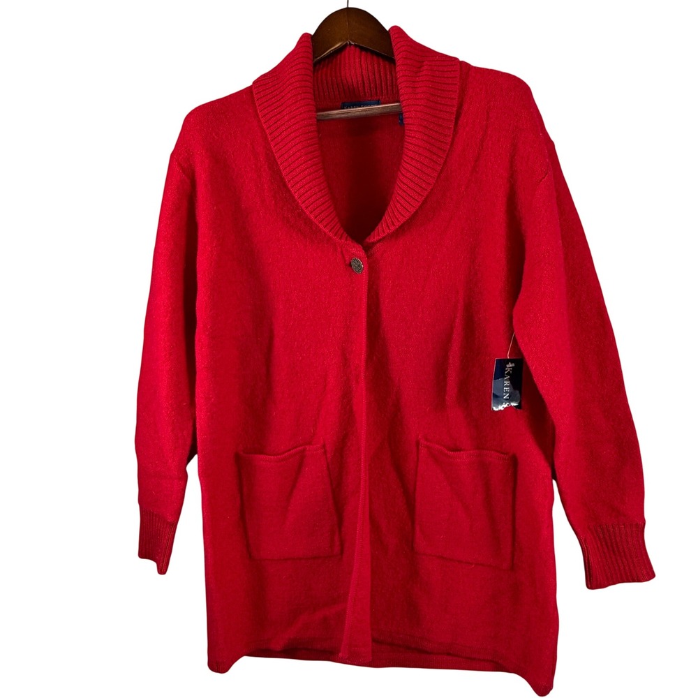 Karen Scott Women's L Red Wool Long Cardigan Sweater Shawl Collar One Button NWT
